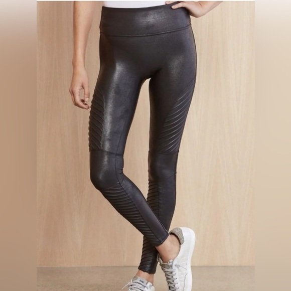 SPANX Faux Leather Metallic Stretch Moto Leggings Activewear Size Small - Picture 2 of 13